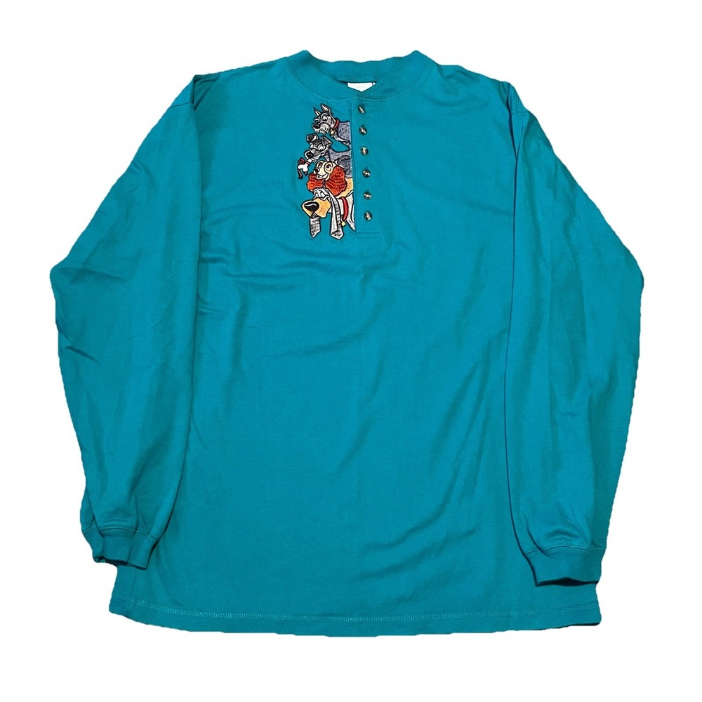 Vintae 90s Lady And The Tramp Long Sleeve Teal Henley Shirt Large Disney Store